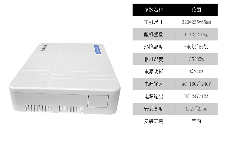 主机尺寸 320*235*65mm
整机重量 1.42/2.0kg
环境温度 -40℃~55℃
相对湿度 35~85%
电源功耗 ≤240W
电源输入 AC 160V~240V
电源输出 DC 24V/12A
安装高度 1.8m~2.5m
安装环境 室内