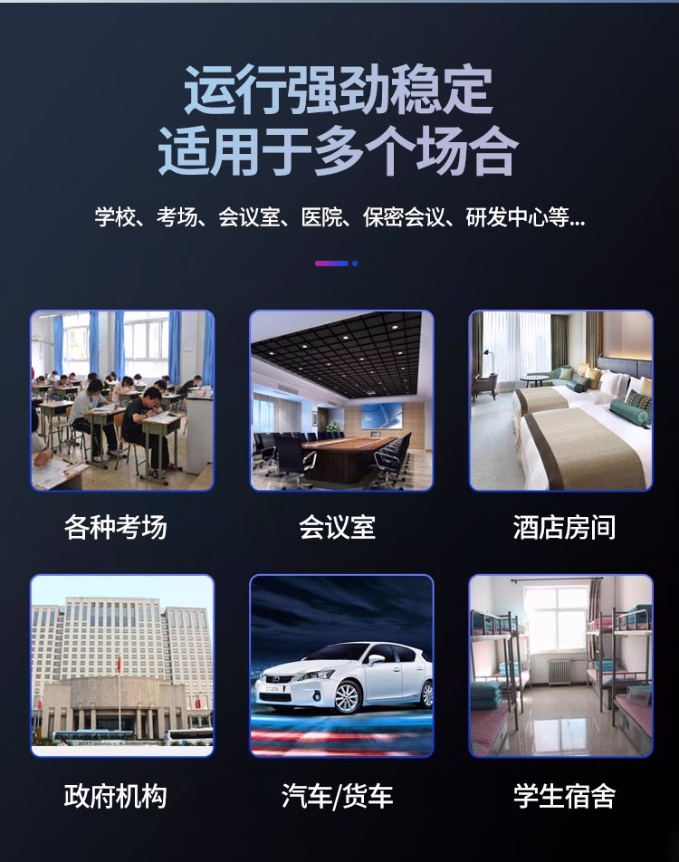该设备可以有效地屏蔽所有2G/3G/4G/5G手机、GPS/北斗定位、2.4GWiFi（WLAN/ZIGBEE/BLUETOOTH)等无线通信信号。通过发射特定的电磁信号，在禁止使用无线通信设备的场所内形成一个电磁保护场，使该场所内无线通信设备与外界无线通信信号不能产生对接，从而切断场所内无线通信工具与外界的联系，是保密会场、车辆、车库库房的安全卫士。
